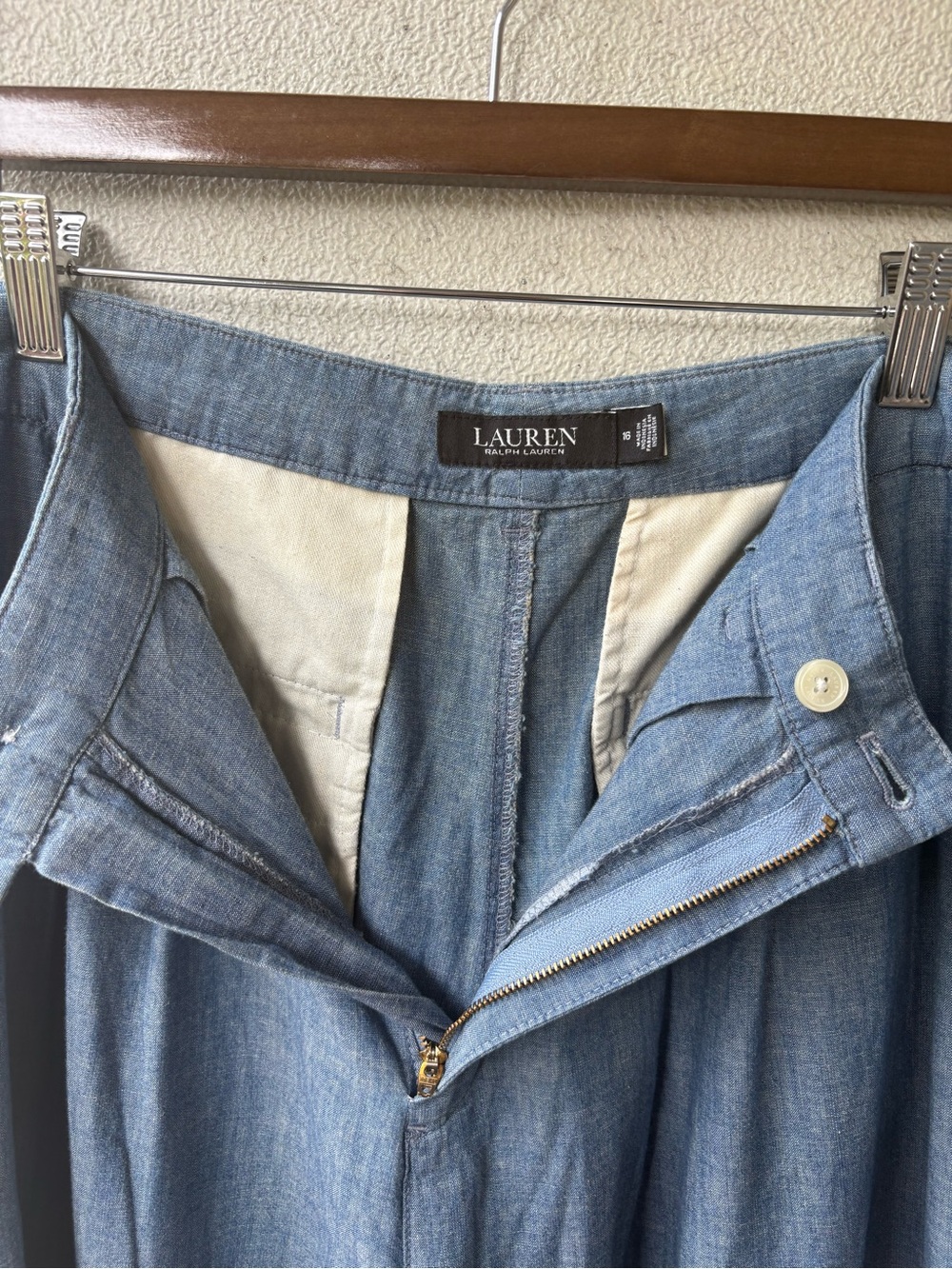 Lauren Ralph Lauren Chambray Pleated Wide Leg Pants 16 High Rise Cotton - Picture 2 of 13